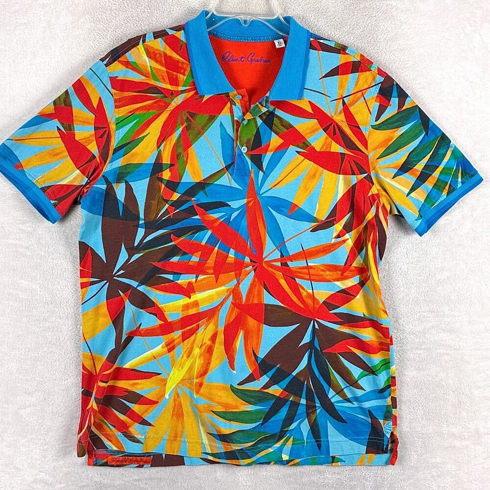 Robert Graham Polo Shirt Mens XL Multicolor Palm Preppy Classic Golf Summer Y2K